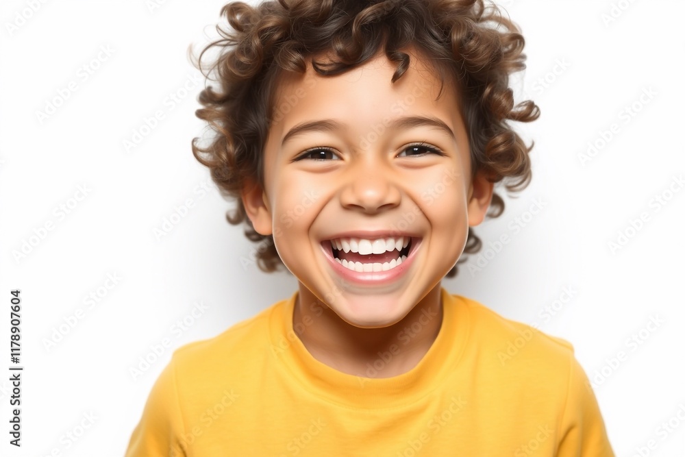 A cheerful child , laughing with an open mouth, captured in a portrait on a white background A cheerful child , laughing with an open mouth, captured in a portrait on a white background