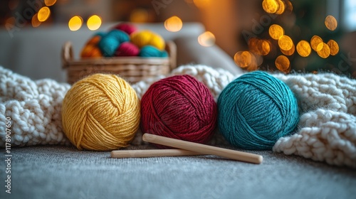 Cozy Yarn Balls with Knitting Supplies in Focus