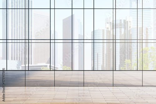 Spacious modern interior with large glass windows overlooking a panoramic city view in daylight. Clean and open design concept. 3D Rendering