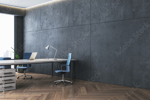 Canvastavla Modern executive office interior with desk, chairs, and city view through a window