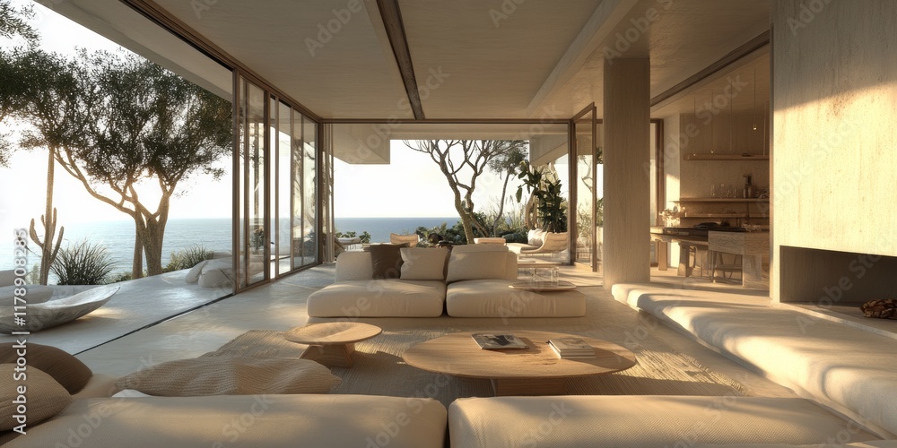 A large living room with a fireplace and a view of the ocean. The room is filled with white furniture and has a tan color scheme A large living room with a fireplace and a view of the ocean. The room is filled with white furniture and has a tan color scheme