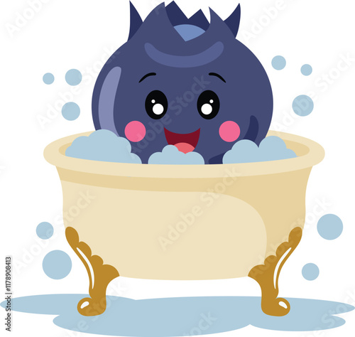 Funny happy blueberry mascot in a bathtub