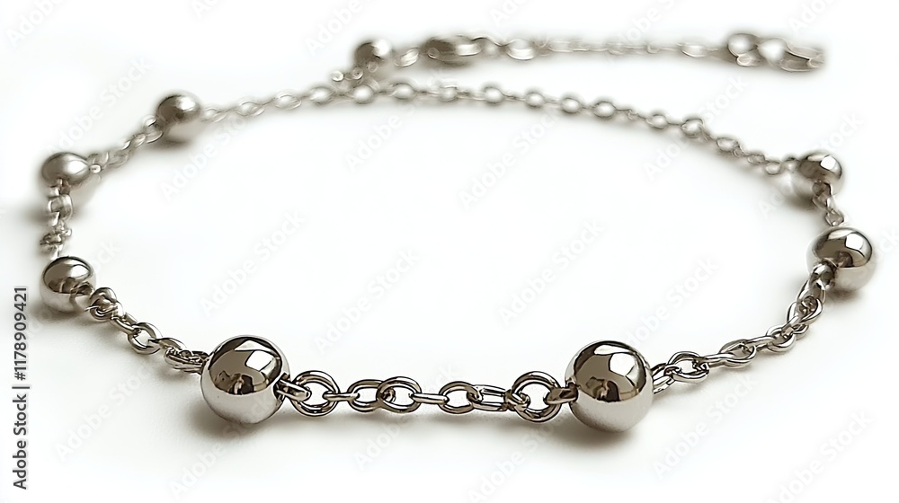 Silver beaded bracelet on white background, studio shot, jewelry design, fashion accessory. Silver beaded bracelet on white background, studio shot, jewelry design, fashion accessory.