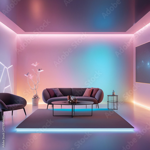 living room with a modern and futuristic design, a curved low sofa with decorative cushions and an armchair photo