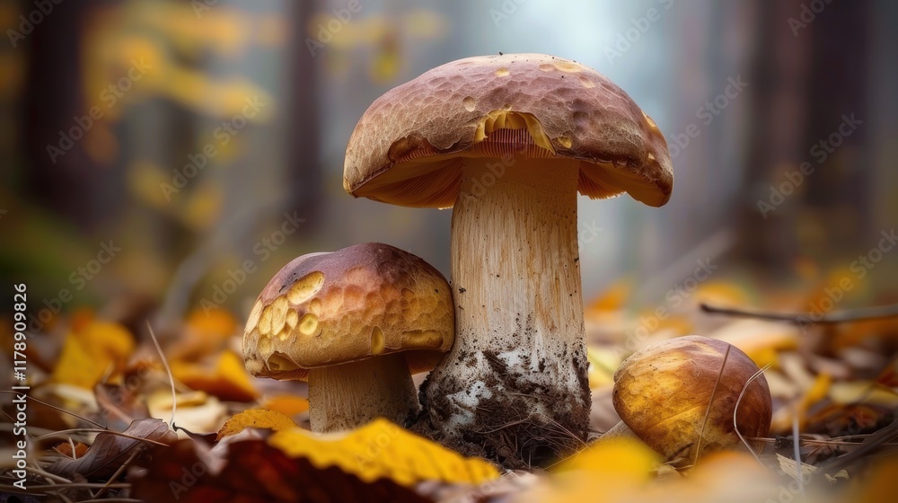 Mushroom on a hushed background, beautiful outdoor specimen. Background modest, mushroom marked.