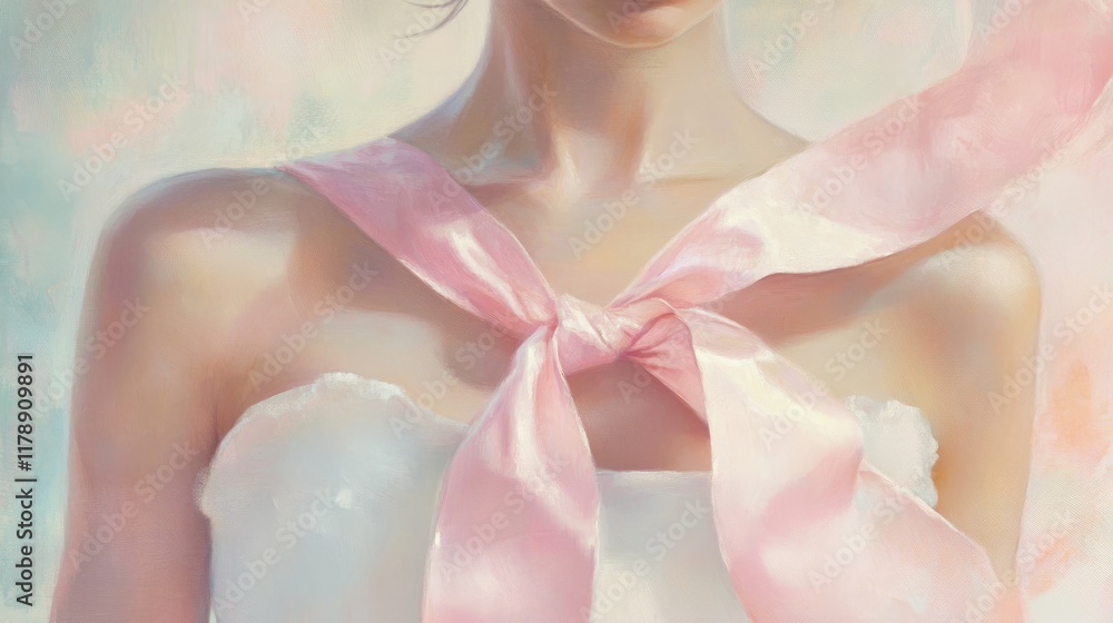 53.An artistic close-up of the upper body of a woman holding a pink ribbon across her chest, symbolizing support and awareness, with a soft pastel backdrop. 53.An artistic close-up of the upper body of a woman holding a pink ribbon across her chest, symbolizing support and awareness, with a soft pastel backdrop.