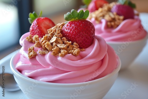 Delicious pink yogurt swirl with strawberries and granola topping
