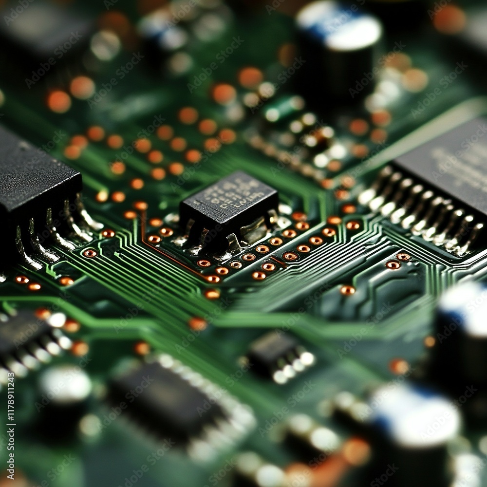 Obraz premium Close-up electronic circuit board components, tech background.