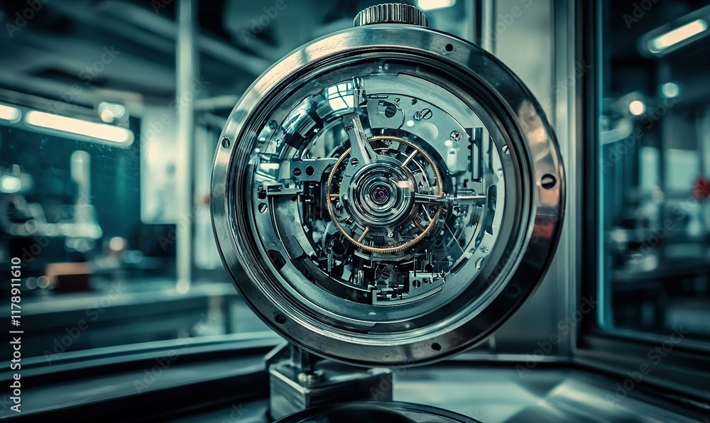 Obraz premium Close-up of complex machinery in industrial setting, ideal for engineering or manufacturing concepts.