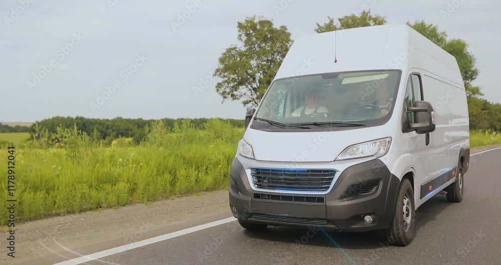 A white delivery or service van is driving down the road. Smart delivery of goods. Smart delivery van concept