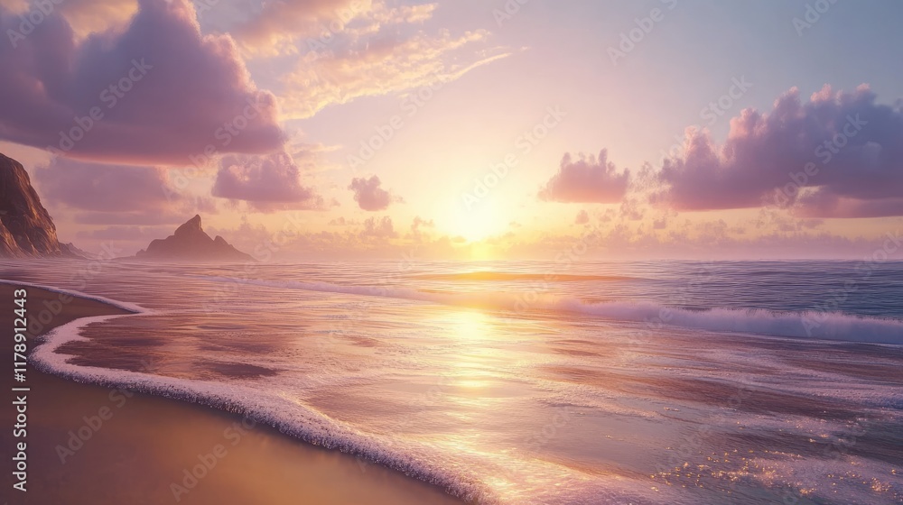 Fototapeta premium A calming beachscape with soft waves and shimmering wet sand reflecting the gentle light of sunset
