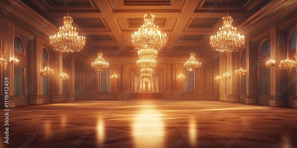 Obraz premium Elegant Grand Hall Interior with Crystal Chandeliers and Warm Light
