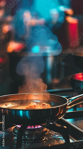 Cooking aromatic spices and ingredients in a stovetop pan in a cozy kitchen during evening hours