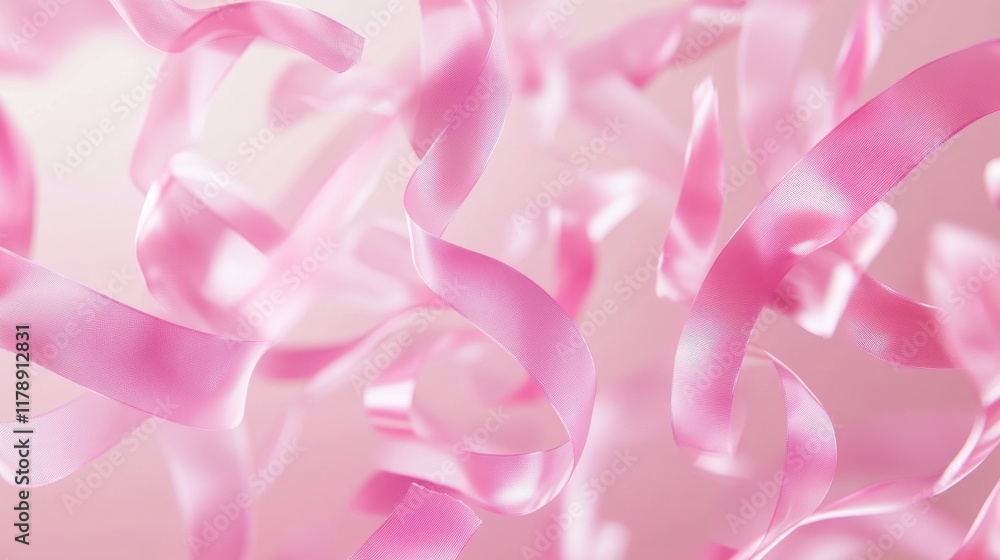 Obraz premium 98.A soft pink background with floating pink ribbons of various sizes, creating a sense of movement and lightness, ideal for Breast Cancer Awareness campaigns.