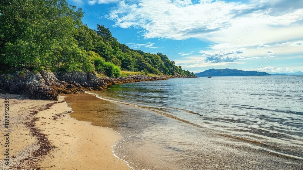 A calming coastal landscape with gentle ripples and a sandy beach, creating a serene and peaceful ambiance A calming coastal landscape with gentle ripples and a sandy beach, creating a serene and peaceful ambiance