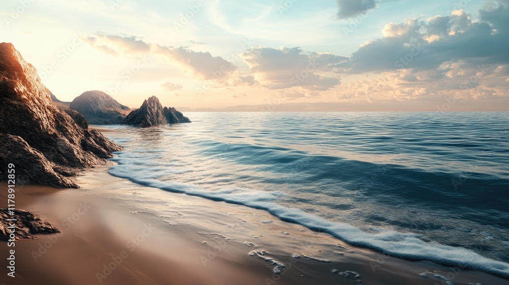 A calming coastal landscape with gentle ripples and a sandy beach, creating a serene and peaceful ambiance A calming coastal landscape with gentle ripples and a sandy beach, creating a serene and peaceful ambiance