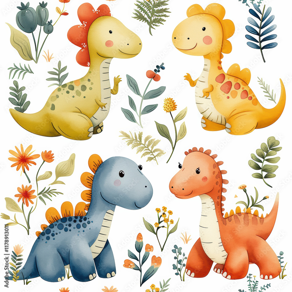 Naklejka premium Nahtloses Muster mit niedlichen Dinosauriern und floralen Elementen auf weißem Hintergrund, Seamless pattern with cute dinosaurs and floral elements on white background