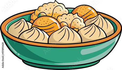 Artistic depiction of steamed dumplings in a traditional bowl, showcasing detailed textures and variety of filling shapes