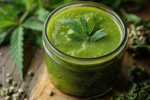 Fresh homemade cannabis hemp pesto in glass jar on wooden board
