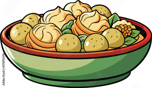 Bright and vibrant illustration of a variety of dumplings and buns in a bowl, perfect for showcasing Asian cuisine and food art