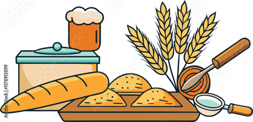Colorful drawing of artisan bread, wheat stalks, and kitchen utensils on a board, emphasizing bakery craftsmanship and wholesome food