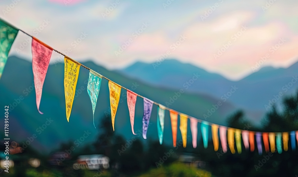 Naklejka premium Colorful prayer flags strung across mountain valley at sunset.
