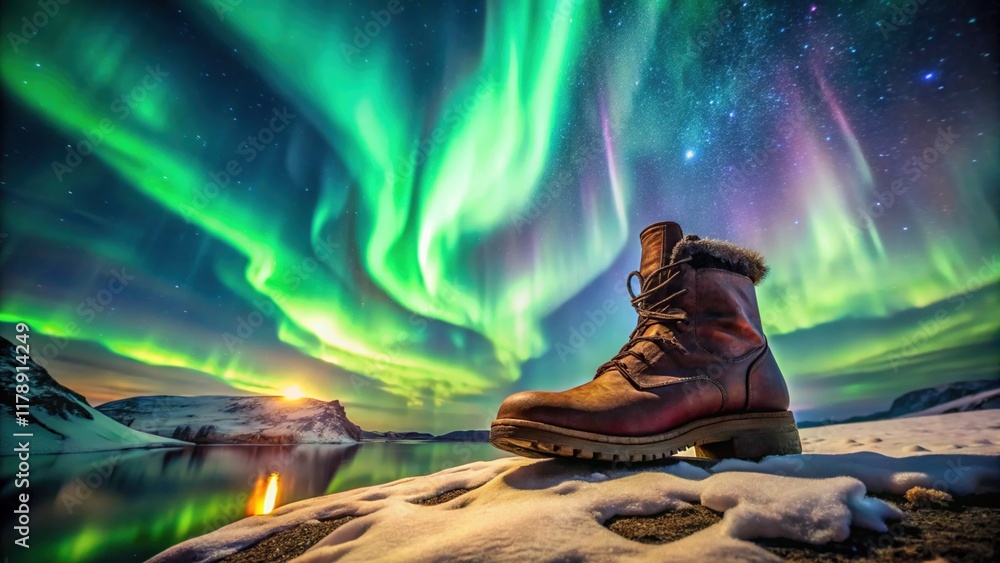 Fototapeta premium Stunning Aurora Borealis Over Hiking Boot