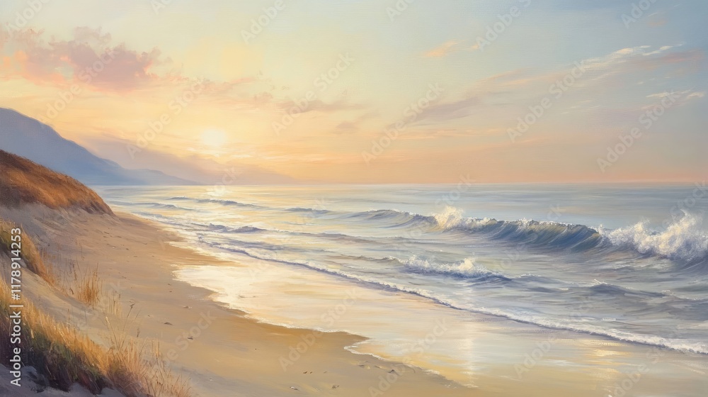 Fototapeta premium A calming coastal view featuring gentle waves and untouched sand, with faint pastel light on the horizon