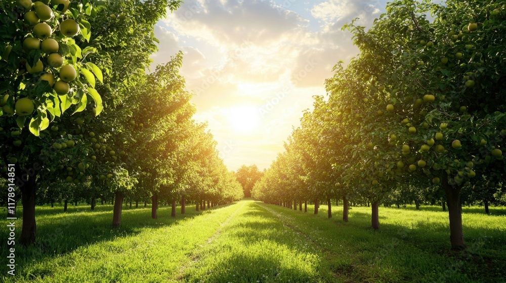 Naklejka premium Sunlit Orchard Path with Lush Green Trees and Golden Apples
