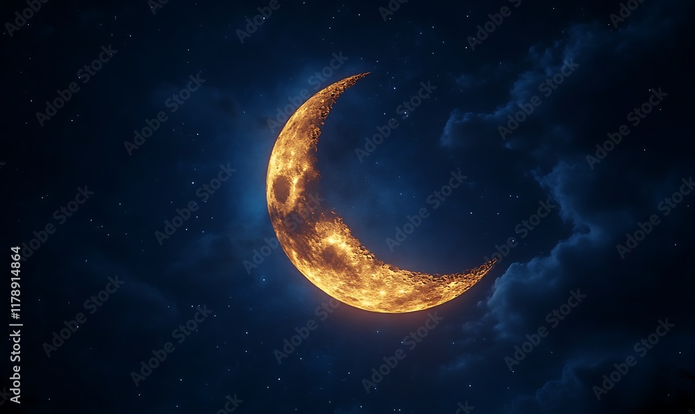 Glowing crescent moon in night sky. (2) Glowing crescent moon in night sky. (2)