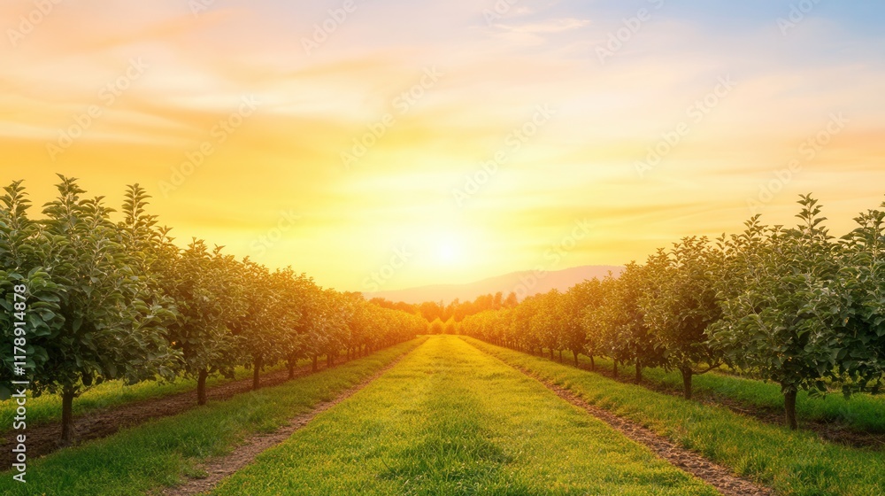 Naklejka premium Serene Sunset Over Apple Orchard with Lush Green Trees