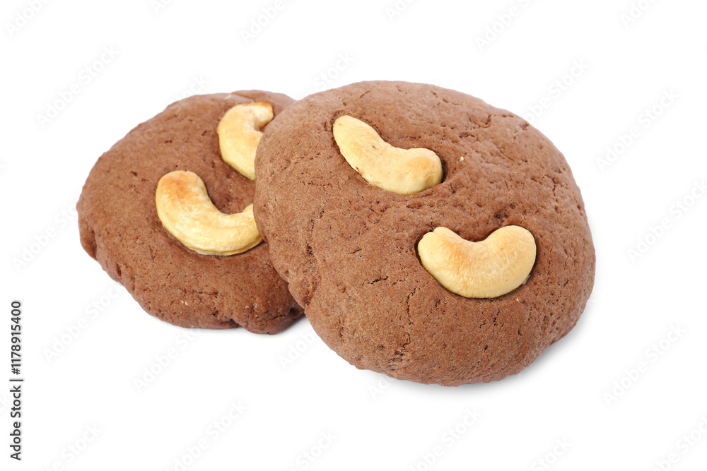 Tasty chocolate cookies with cashew isolated on white Tasty chocolate cookies with cashew isolated on white