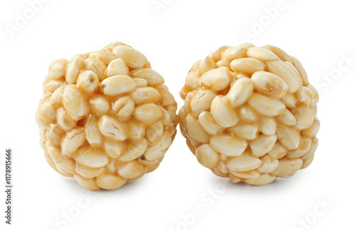 Delicious puffed rice balls isolated on white photo