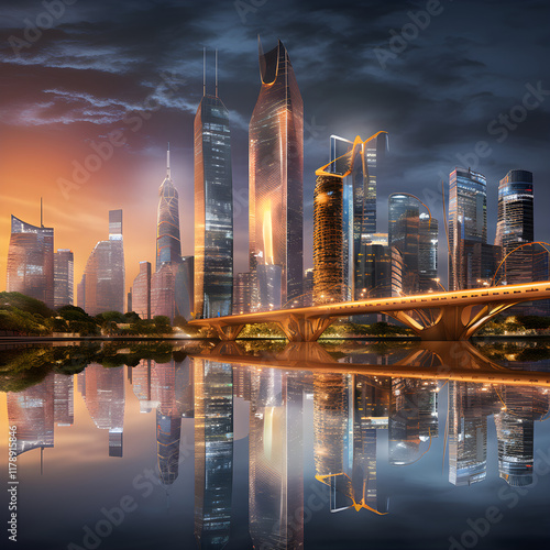 Incredible Display of Twilight Urbanity: HJ City Skyline Against the Gorgeous Backdrop of a Multicolored Sky