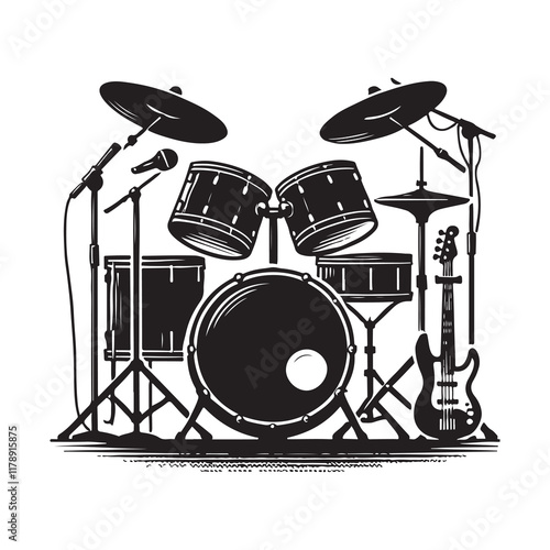 Drum Kit Silhouette Vector Illustration, Solid White Background.