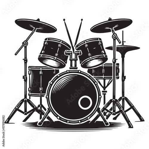 Drum Kit Silhouette Vector Illustration, Solid White Background.