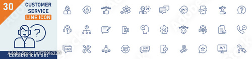 Customer Service line icon set. Set of 30 outline icons related to customer satisfied, technical support, assistance, feedback, FAQ, help, complaint and others. Editable stroke. Vector illustration.