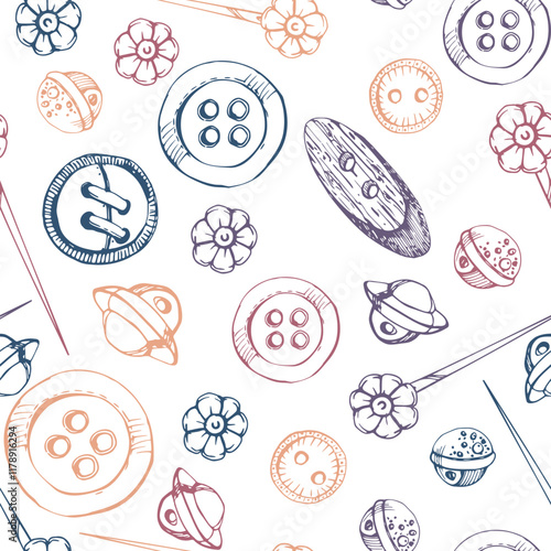 Plastic wooden flat round buttons fasteners. Hand drawn ink vector illustration sewing craft supplies. Seamless pattern, wallpaper isolated on white background. Design atelier, tailor, hobby shop
