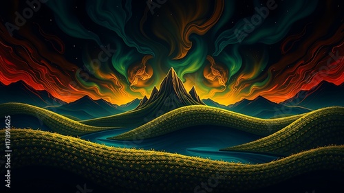 Surreal landscape painting of a vibrant sunset, rolling hills, a majestic mountain peak, and a meandering river, under a swirling aurora borealis. photo