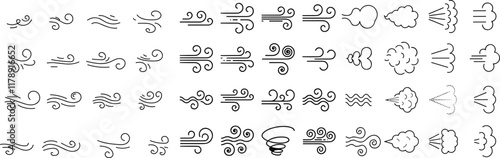 Doodle wind line sketch set. Hand drawn wind motion, air blow, swirl elements. smoke flow art, abstract line. vector illustration.