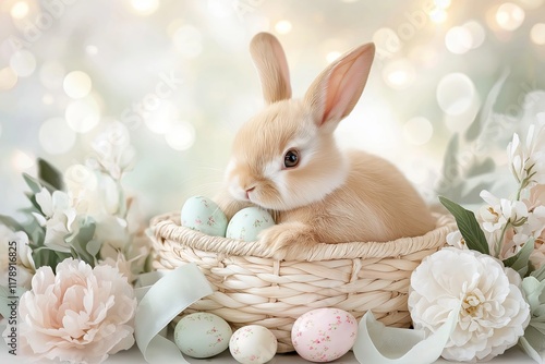 Bunny in Wicker Basket with Blue Eggs and White Flowers. Light and Airy Background Enhances Festive Spring Atmosphere. Perfect for Easter Themes and Greeting Cards. AI generated photo