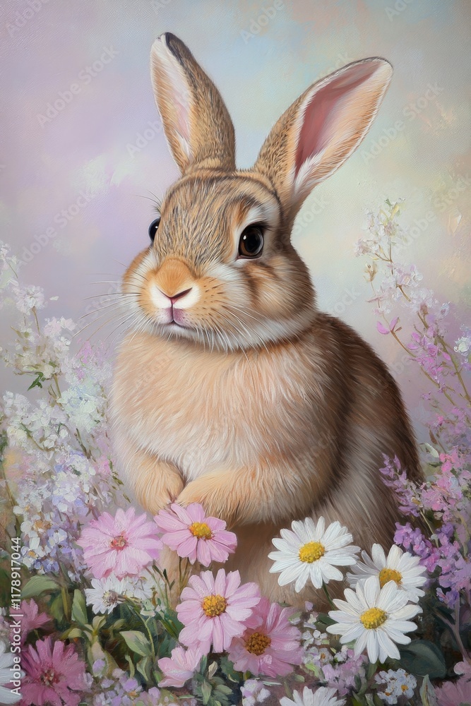 Little Bunny with spring flowers Easter Card, ai generated Little Bunny with spring flowers Easter Card, ai generated