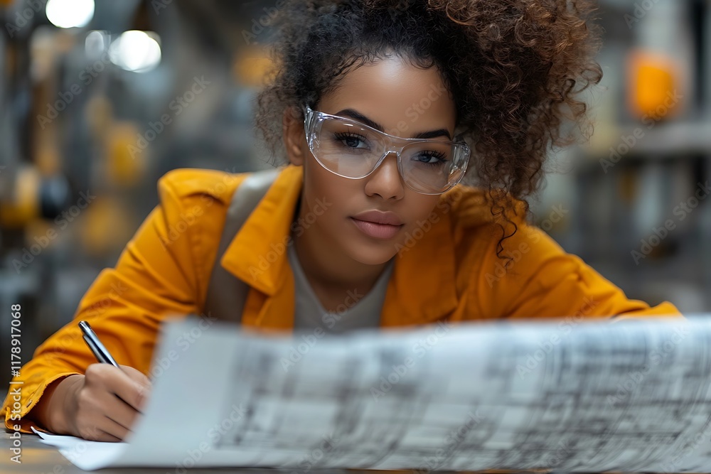 Young Female Engineer Reviewing Technical Drawings Young Female Engineer Reviewing Technical Drawings