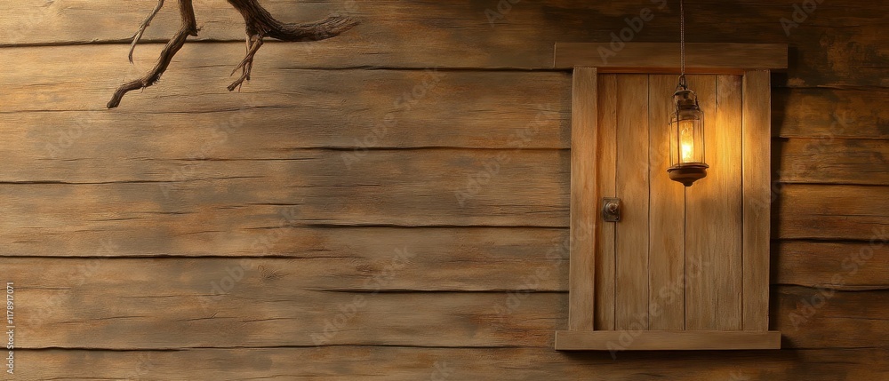 Fototapeta premium Exploring rustic charm wooden door with lantern cozy cabin nature setting evening light tranquil ambiance