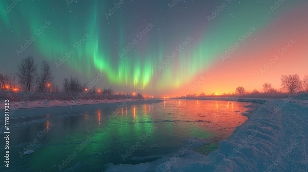 Aurora borealis reflected in frozen river at dawn. Aurora borealis reflected in frozen river at dawn.
