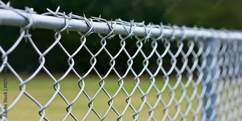 Fototapeta premium Detailed close-up of a barbed wire fence with a blurred natural background, emphasizing texture and separation.