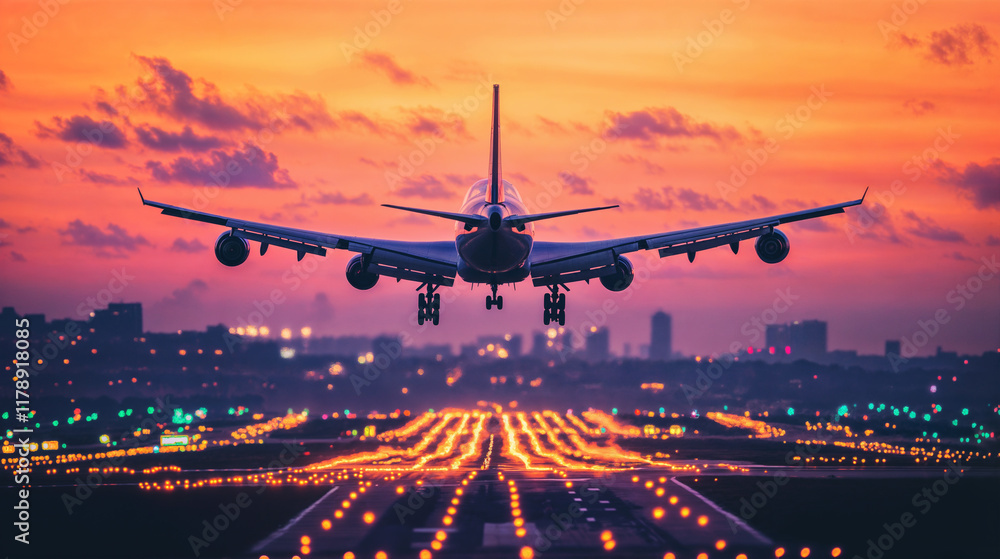An airplane landing at sunset, with the runway lights glowing brightly against the vibrant orange and purple sky.d image An airplane landing at sunset, with the runway lights glowing brightly against the vibrant orange and purple sky.d image