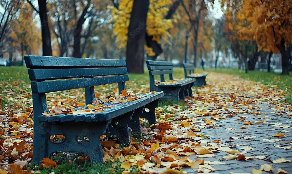 Empty benches covered with autumn leaves in a park pathway. Empty benches covered with autumn leaves in a park pathway.
