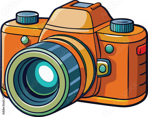 Colorful retro DSLR camera illustration with bold details and vibrant design elements for creative photography concepts