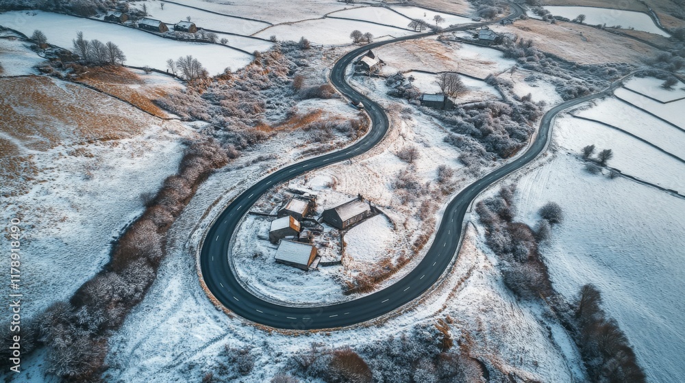 A serene winter landscape captures a winding road through snowy fields and farms. The beauty of nature is evident in every turn. Generative AI A serene winter landscape captures a winding road through snowy fields and farms. The beauty of nature is evident in every turn. Generative AI